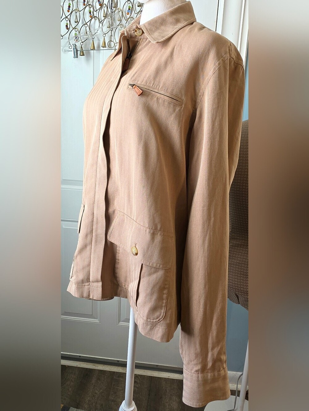 Vintg Lauren Ralph Lauren Military Flight Utiliy Jacket Womens L Tan Silk-Cotton